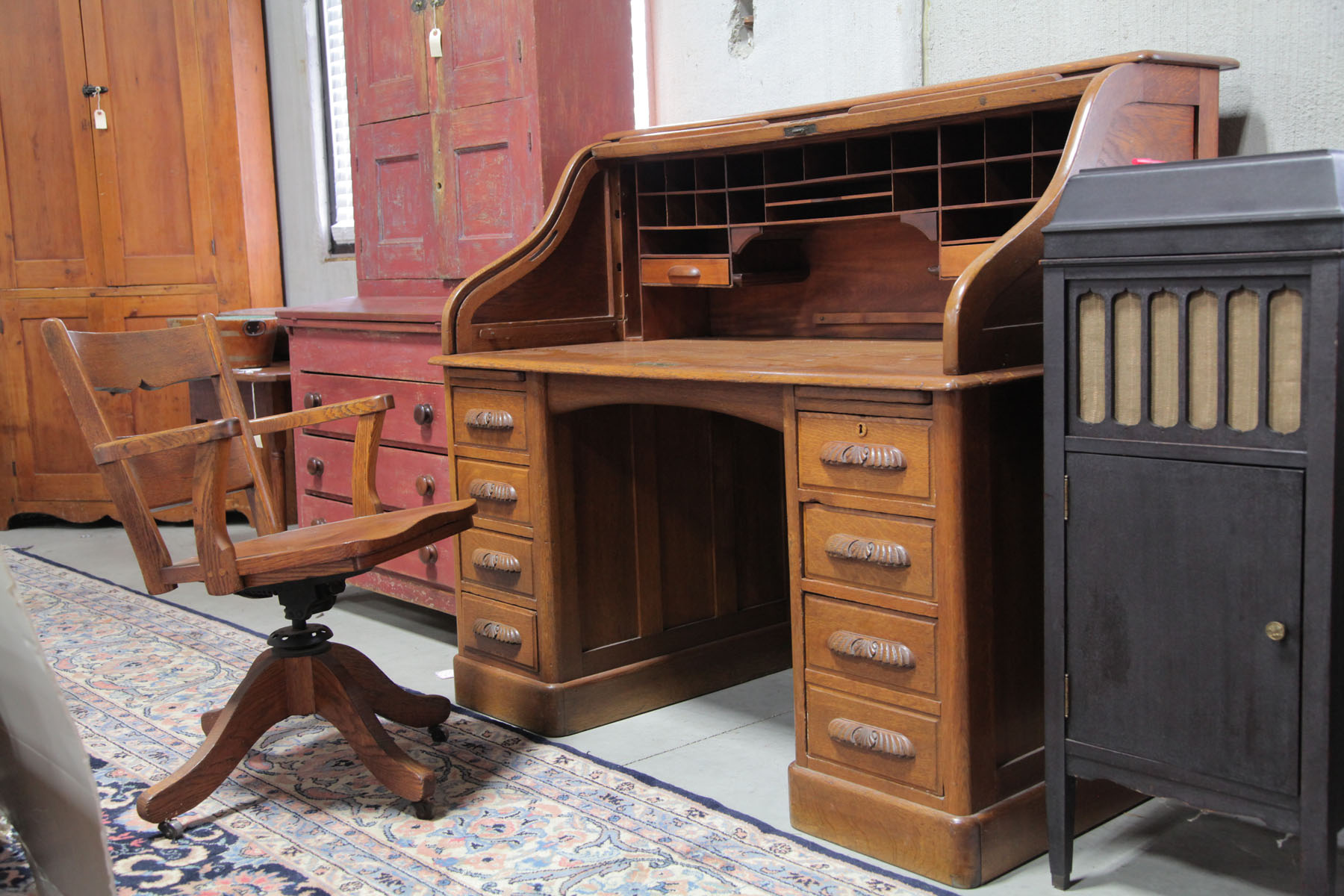 ROLL TOP DESK AND CHAIR.  American