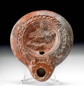 ROMAN POTTERY OIL LAMP W/ GRAS
