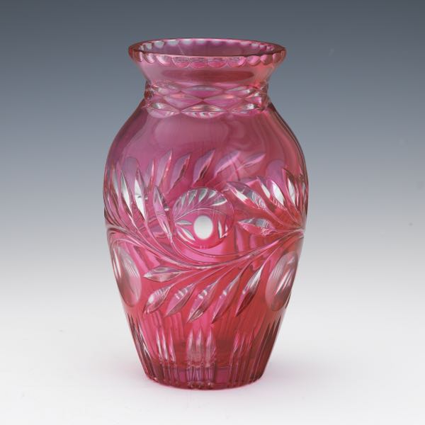 ROSE COLORED CUT GLASS VASE 8 ¼"