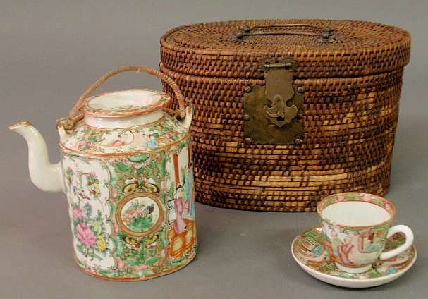 Rose Medallion teapot 6"h. with cup