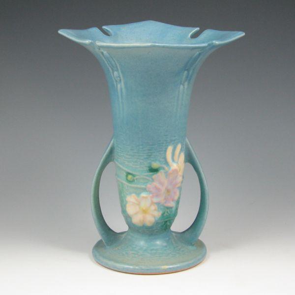 Roseville Cosmos vase in blue. 