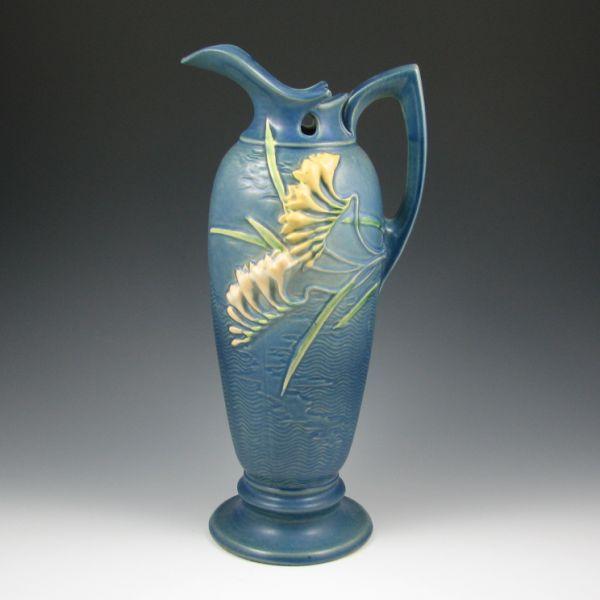 Roseville Freesia ewer in blue. 