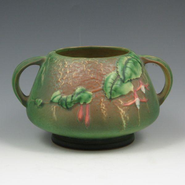Roseville Fuchsia handled rose bowl
