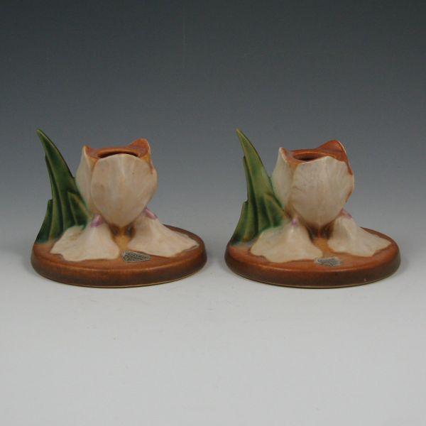 Roseville Iris candleholders in tan