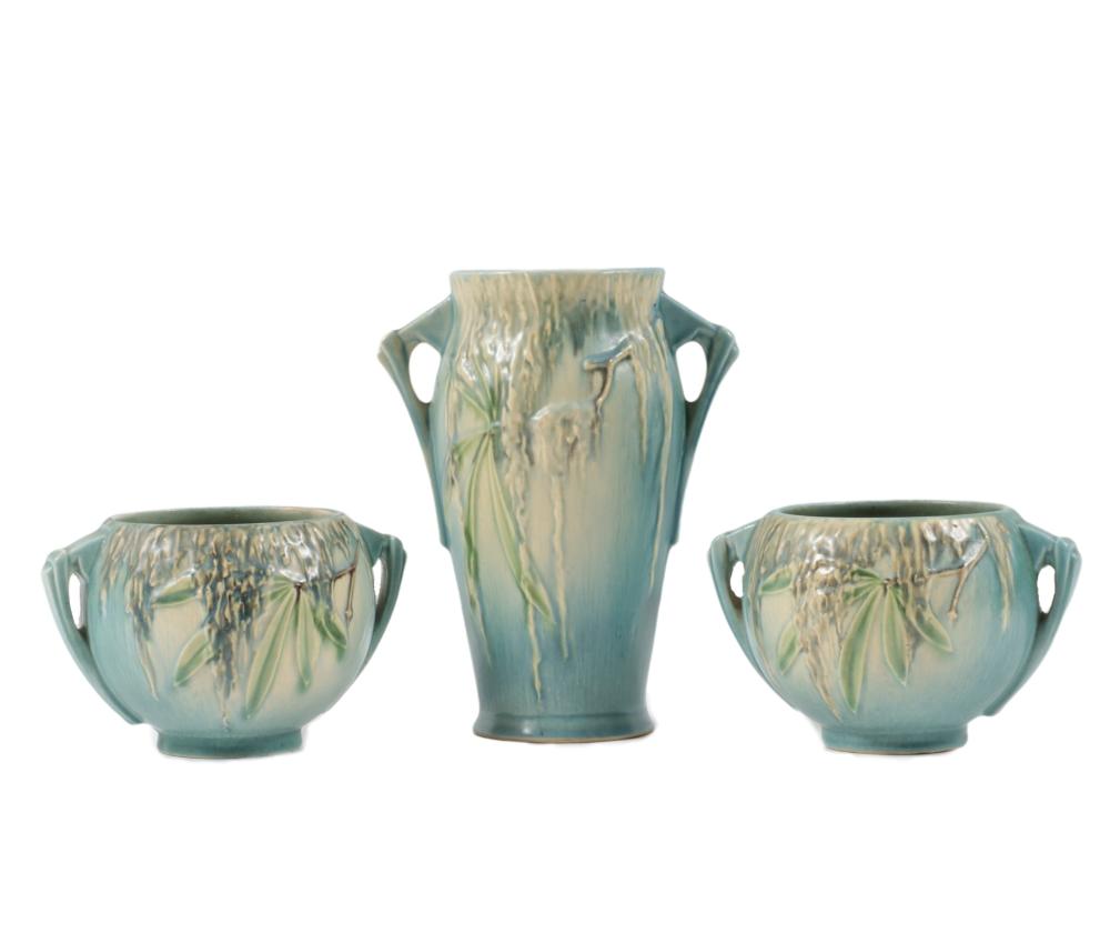 ROSEVILLE MOSS ART POTTERY 3PC