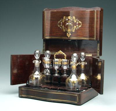 Rosewood case, decanters, cordials: