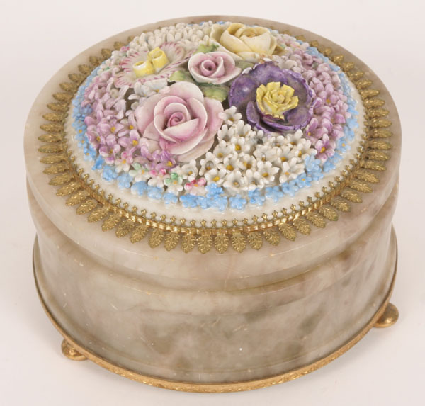 Round alabaster box with gilt metal
