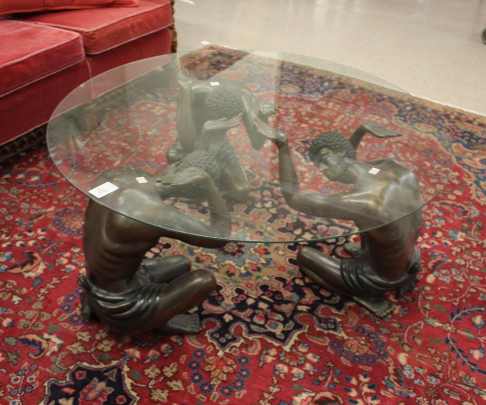 ROUND GLASS AND FIGURAL BRONZE