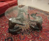 ROUND GLASS AND FIGURAL BRONZE