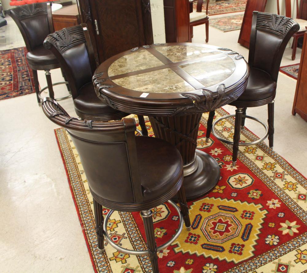ROUND MARBLE-TOP MAHOGANY TABLE AND