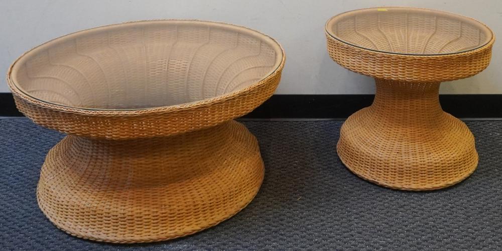 ROUND WICKER AND GLASS TOP COFFEE