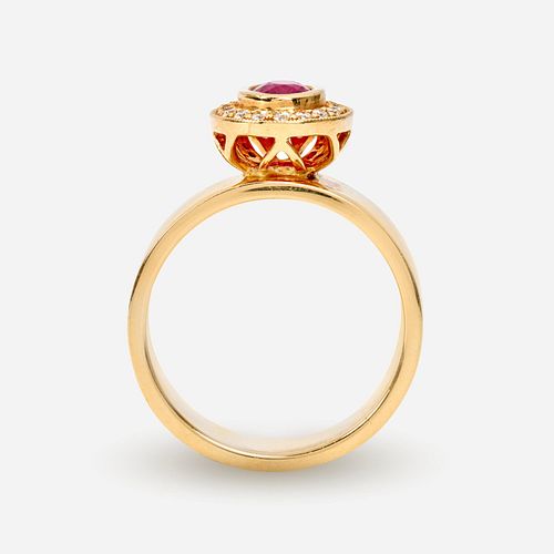 RUBY AND DIAMOND HALO RING IN