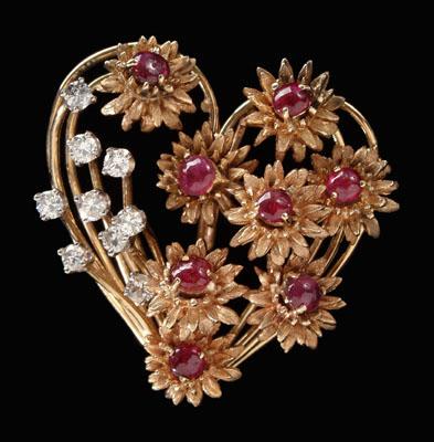 Ruby and diamond heart brooch,