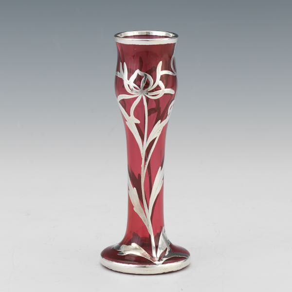 RUBY BUD VASE WITH STERLING OVERLAY
