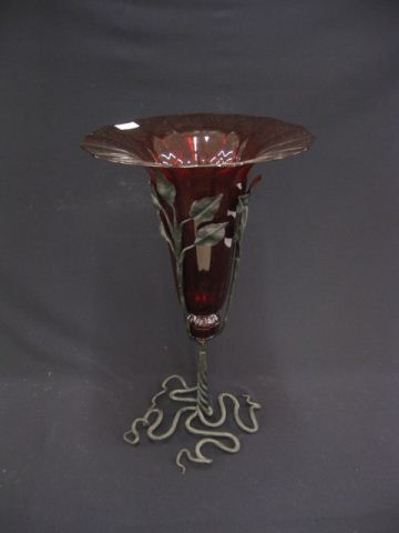 Ruby Cut Glass Vase in Wrought Iron