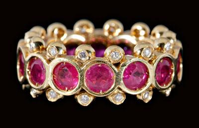 Ruby, diamond eternity ring, 14