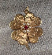 RUBY, SEED PEARL AND GOLD CHAR