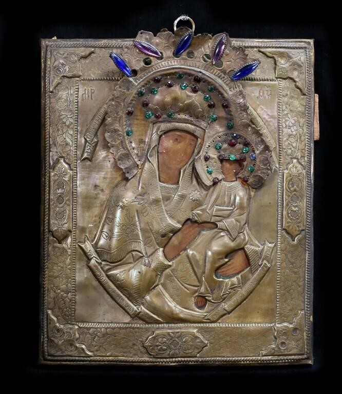 RUSSIAN BRASS & JEWELED ICON