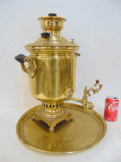 RUSSIAN BRASS SAMOVAR, ON ROUN