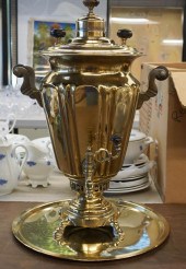 RUSSIAN BRASS SAMOVAR WITH TRA