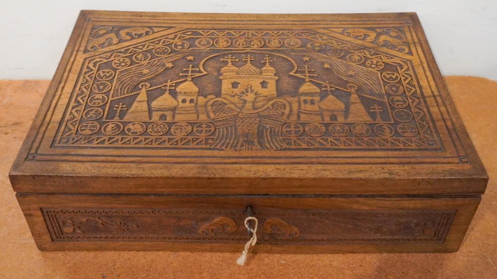 RUSSIAN CARVED WOOD TABLE BOX, W: