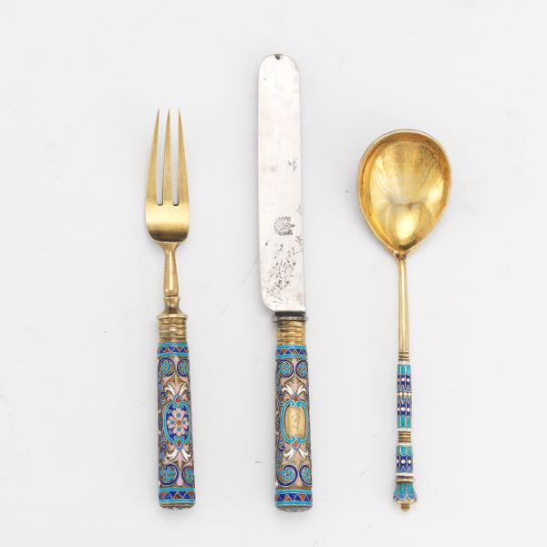 RUSSIAN CLOISONNE FORK, KNIFE,