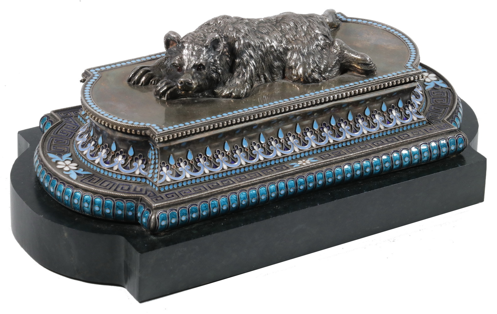 RUSSIAN ENAMELED SILVER INKWELL