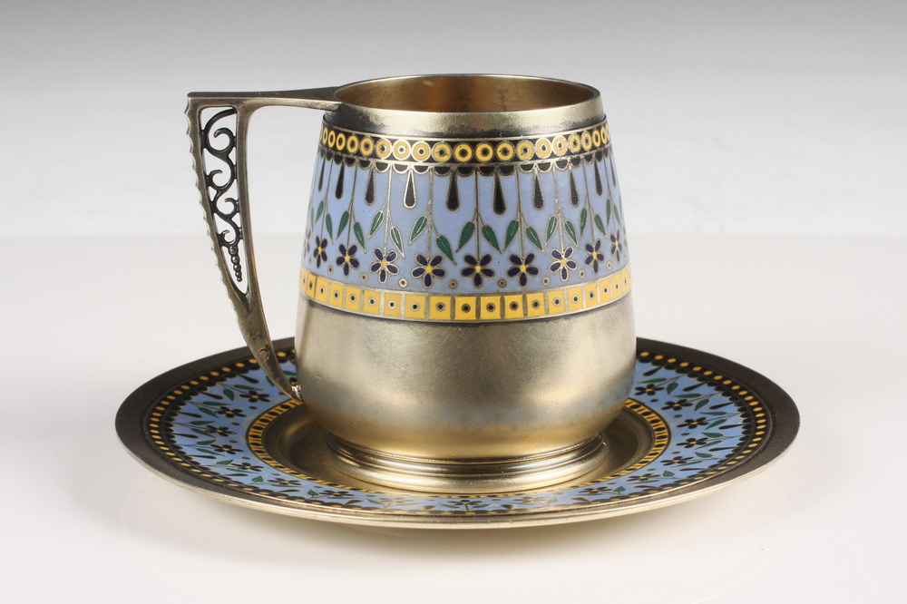 RUSSIAN ENAMELED SILVER TEA CUP AND