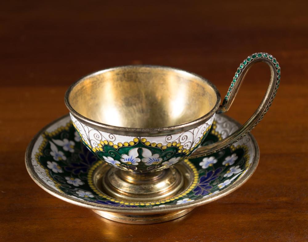 RUSSIAN ENAMELED SILVER TEACUP &