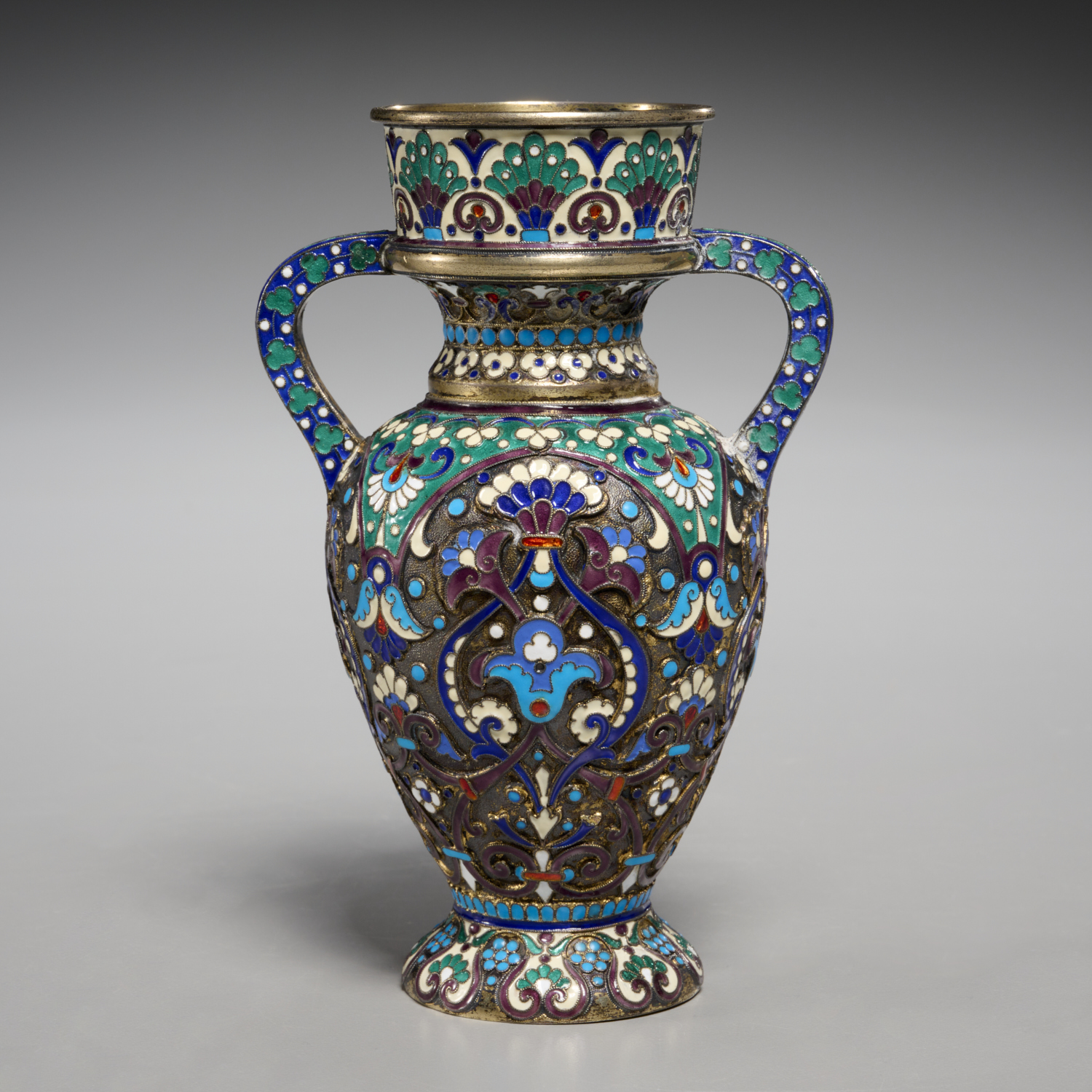 RUSSIAN ENAMELED SILVER VASE FOR
