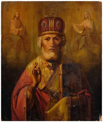 Russian icon, bishop flanked by