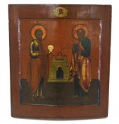 RUSSIAN ICON ON PANEL, "SAINTS