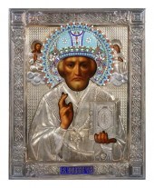 RUSSIAN ICON W ENAMEL RIZA, ST