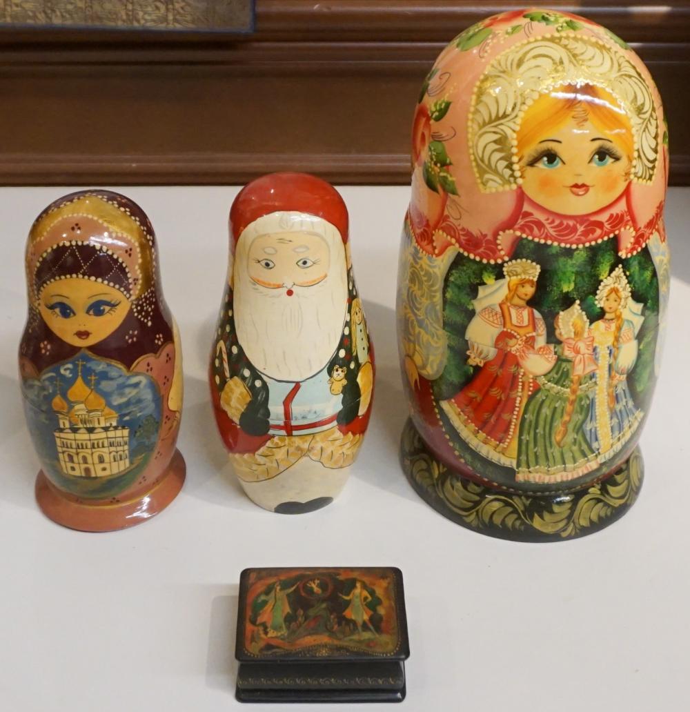 RUSSIAN LACQUER BOX AND THREE