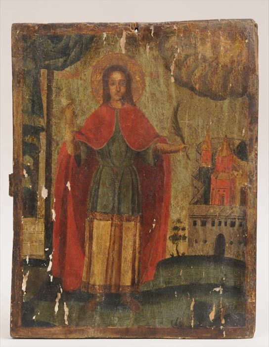 RUSSIAN PAINTED WOOD ICON Depicting