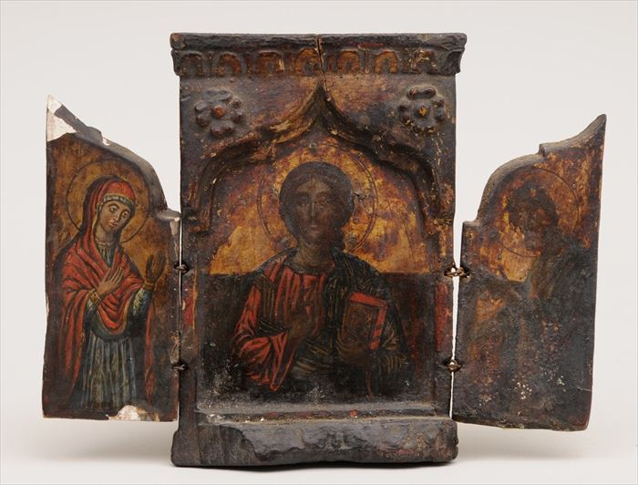 RUSSIAN PAINTED WOOD TRYPTYCH The