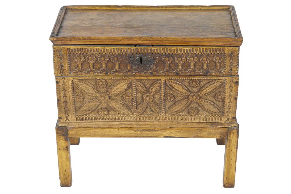 RUSTIC CARVED WOOD CHEST ON