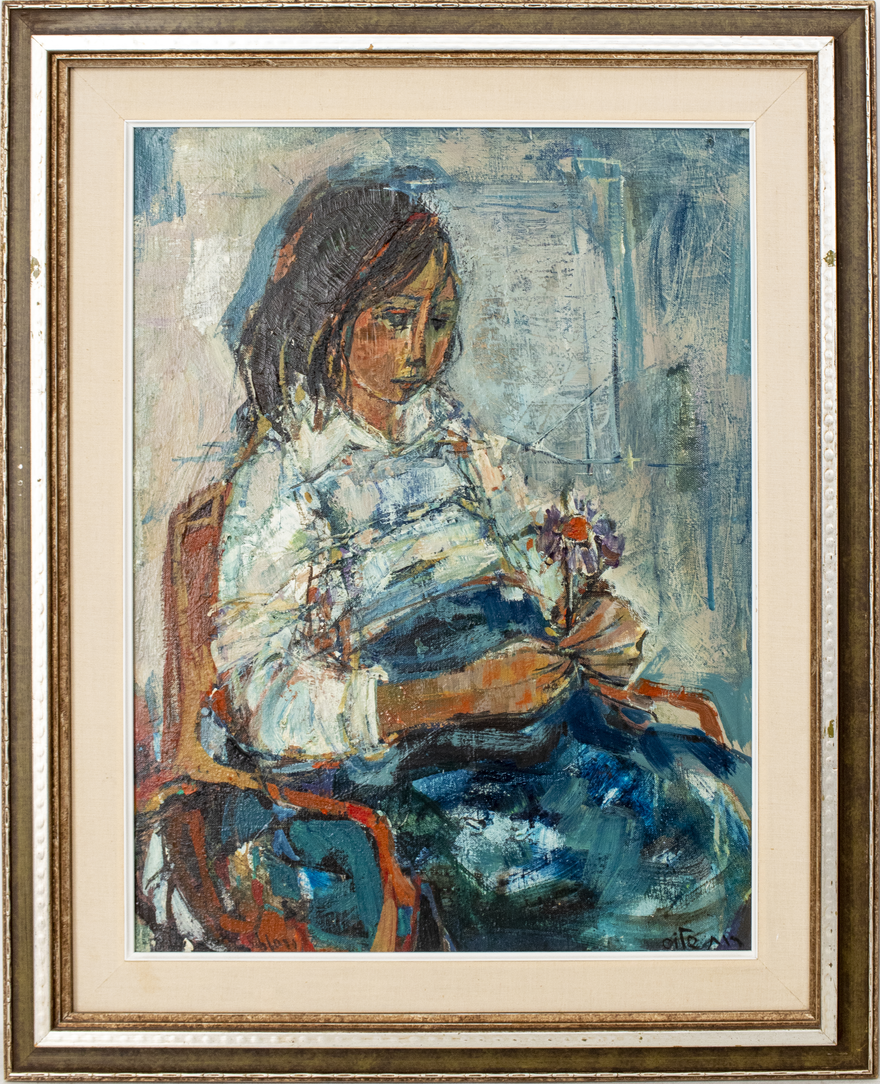 RUTH SCHLOSS "GIRL WITH FLOWER" OIL