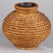 RYE STRAW LIDDED BASKET, 19TH