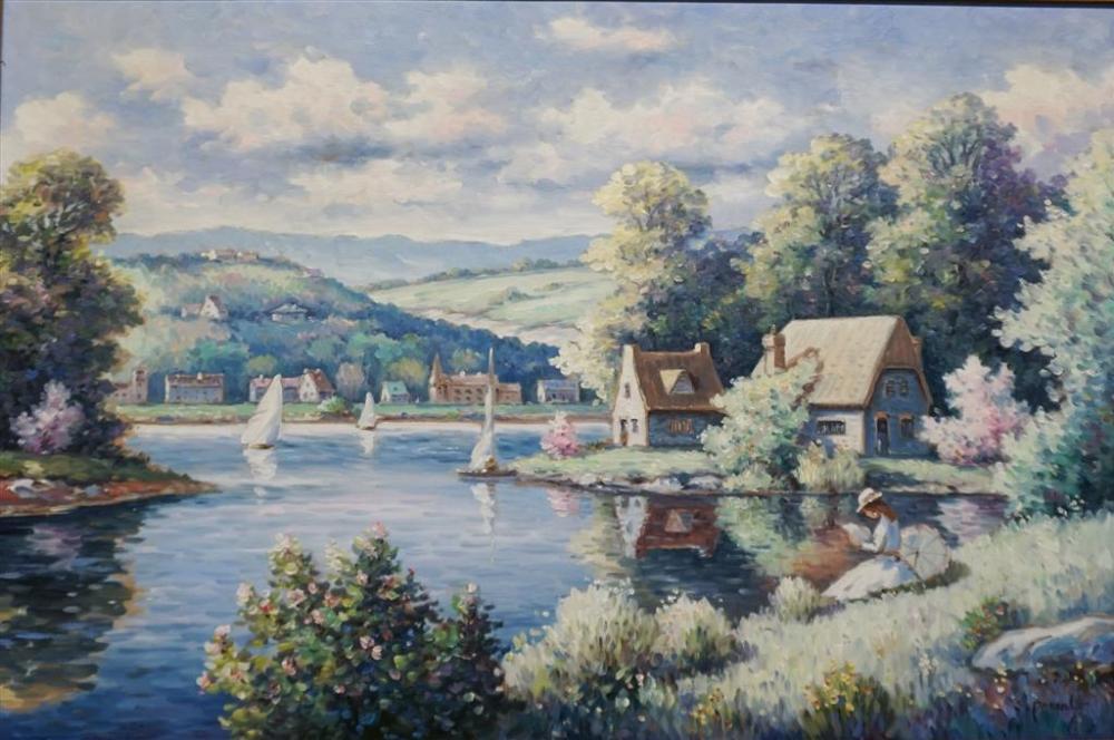 S PARNEL, READING BY A LAKE, OIL ON