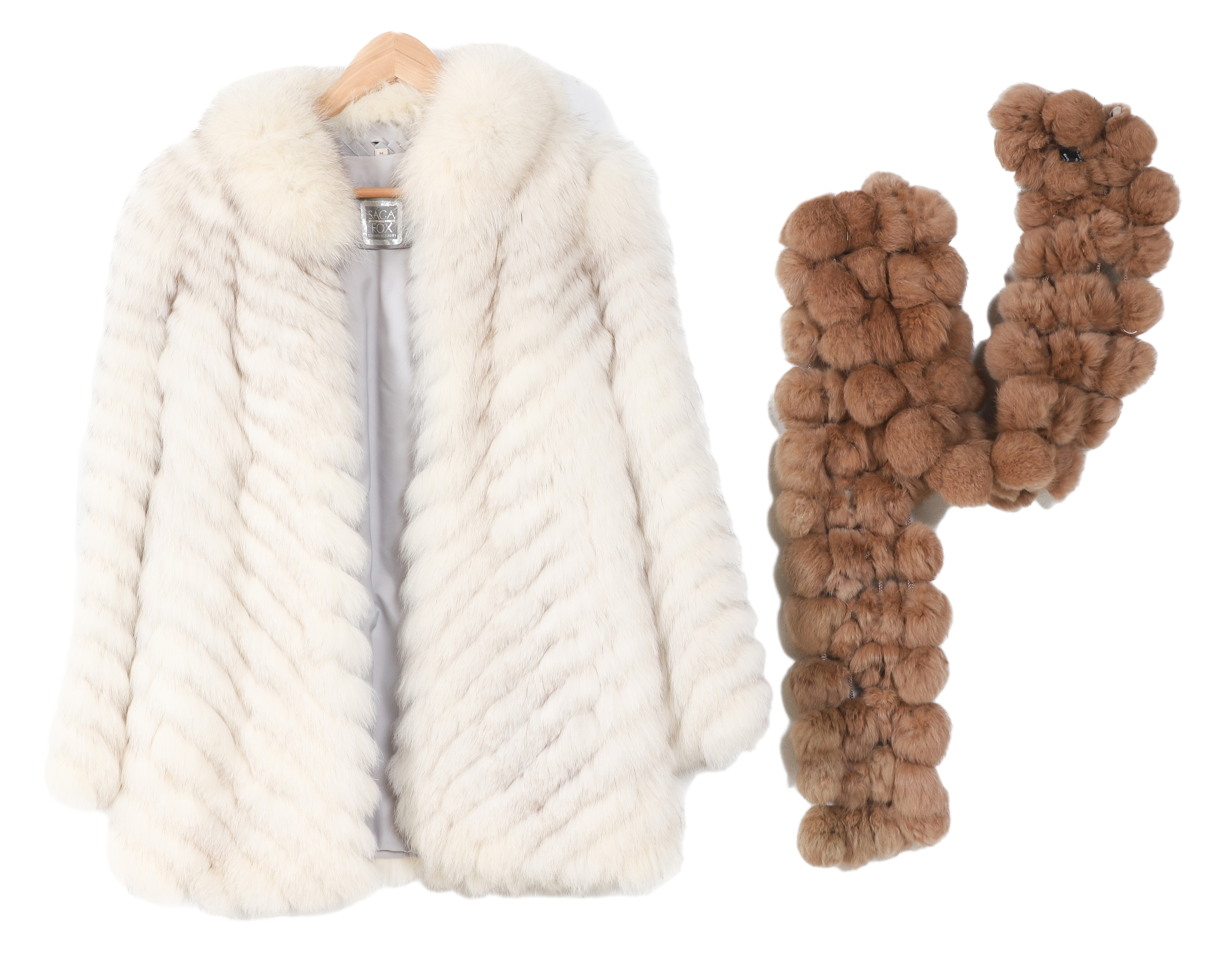 Saga fox fur coat and rabbit scarf,