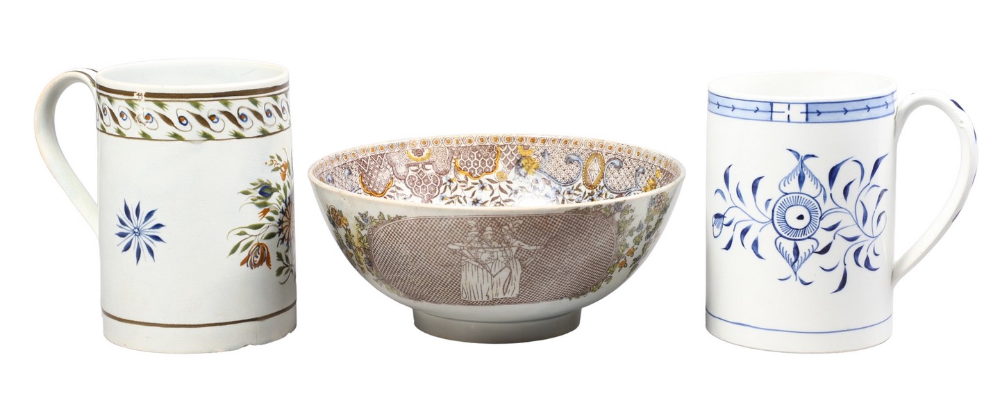 Salopian Ware bowl and (2) tankards