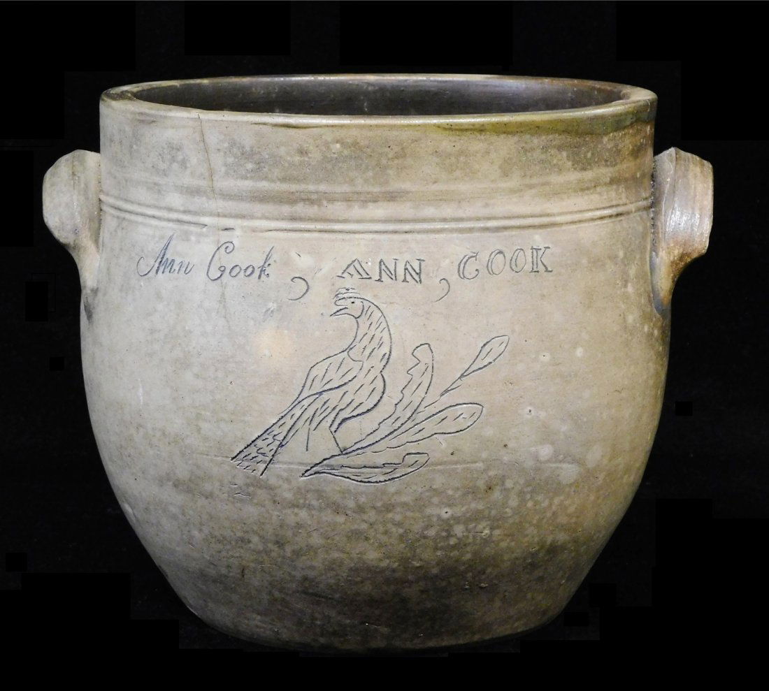 SALT GLAZED TWO HANDLE CROCK MARKED