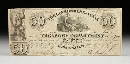 SAM HOUSTON, SIGNED, $50 GOVERNMENT