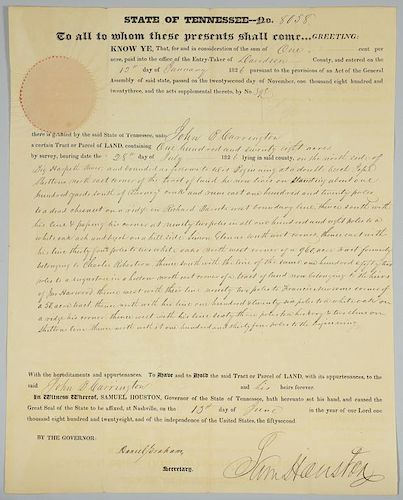 SAM HOUSTON SIGNED LAND GRANT,