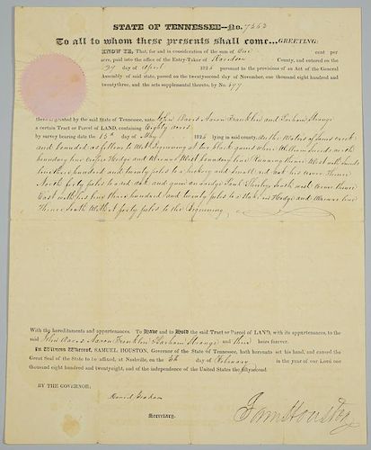 SAM HOUSTON SIGNED LAND GRANT TO