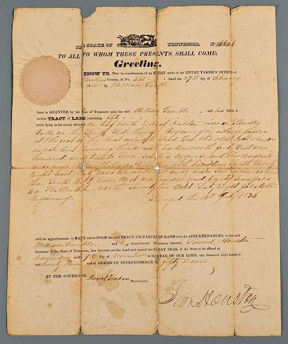 SAM HOUSTON SIGNED LAND GRANTSam