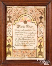 SAMUEL BENTZ FRAKTUR BIRTH CER