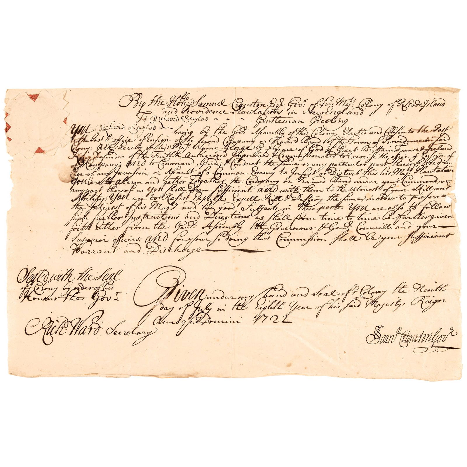 SAMUEL CRANSTON SIGNED 1722