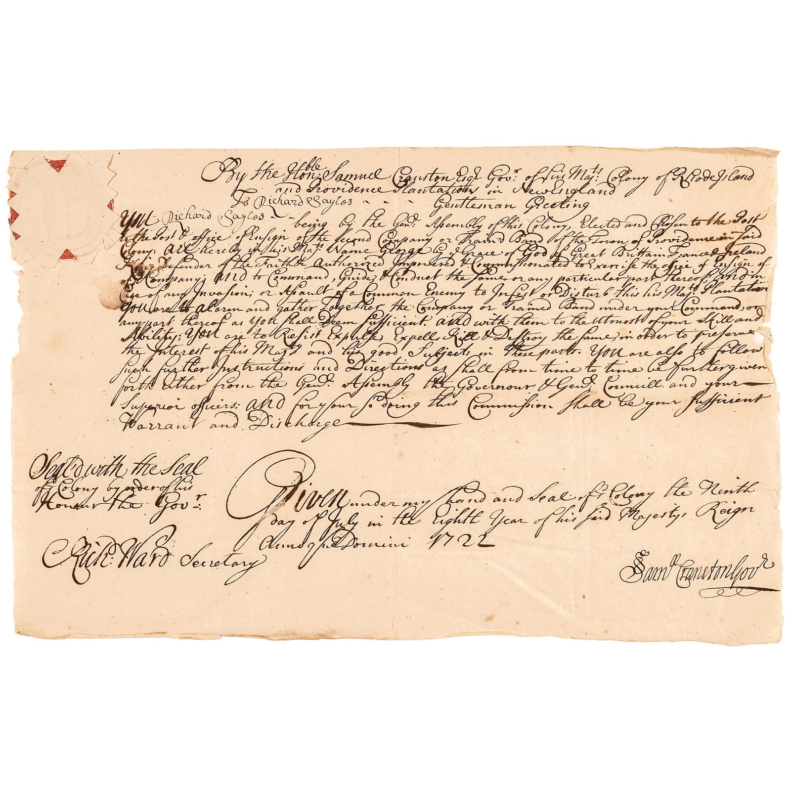 SAMUEL CRANSTON SIGNED 1722